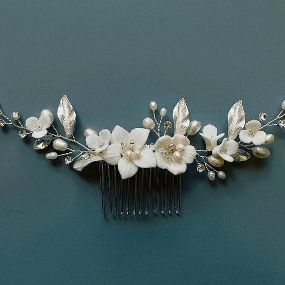 Bridal Pearl & Flower Hair Comb – Ivory Clay Floral Vine, Silver Accents - Picture 1 of 6